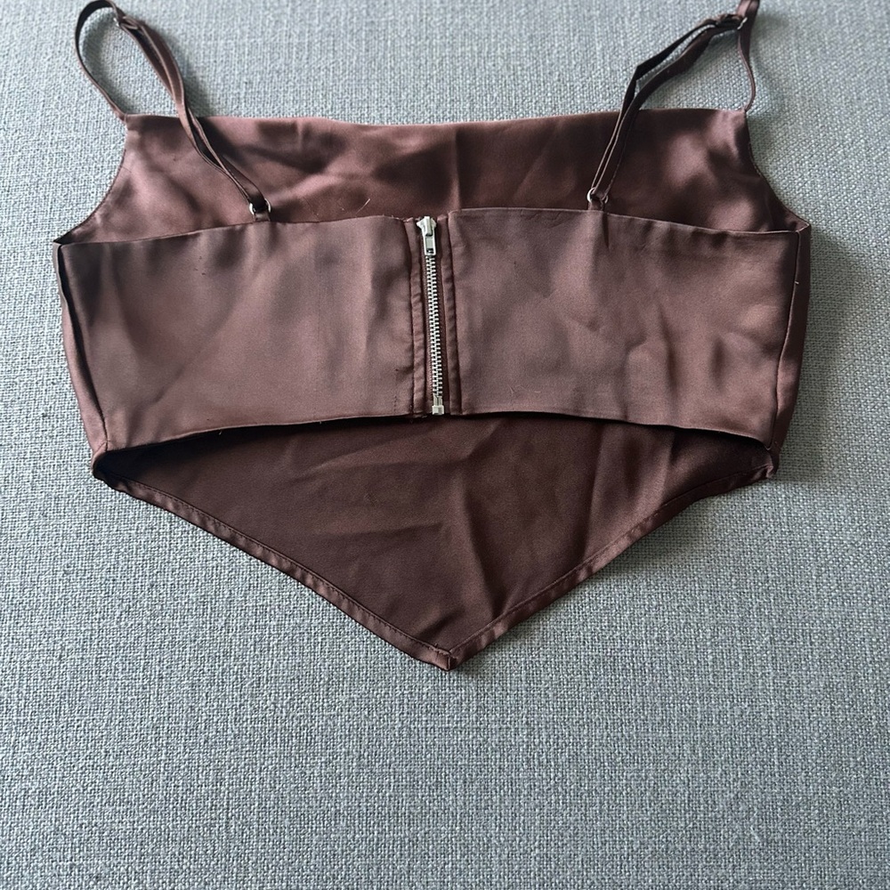 Brown Satin Crop Top with Zipper